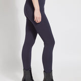 color=Midnight, Side view of midnight blue ponte laura legging with patented concealed waistband, seen from waist down