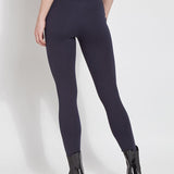 color=Midnight, Rear view of midnight blue ponte laura legging with patented concealed waistband, seen from waist down