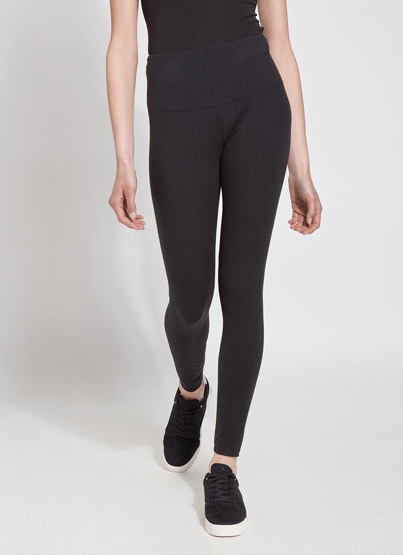 color=Black, front view, stretch cotton leggings, yoga pants, with smoothing comfort waistband and lifting, contouring seaming