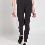 color=Black, front view, stretch cotton leggings, yoga pants, with smoothing comfort waistband and lifting, contouring seaming