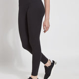 color=Black, angled front view, stretch cotton leggings, yoga pants, with smoothing comfort waistband and lifting, contouring seaming