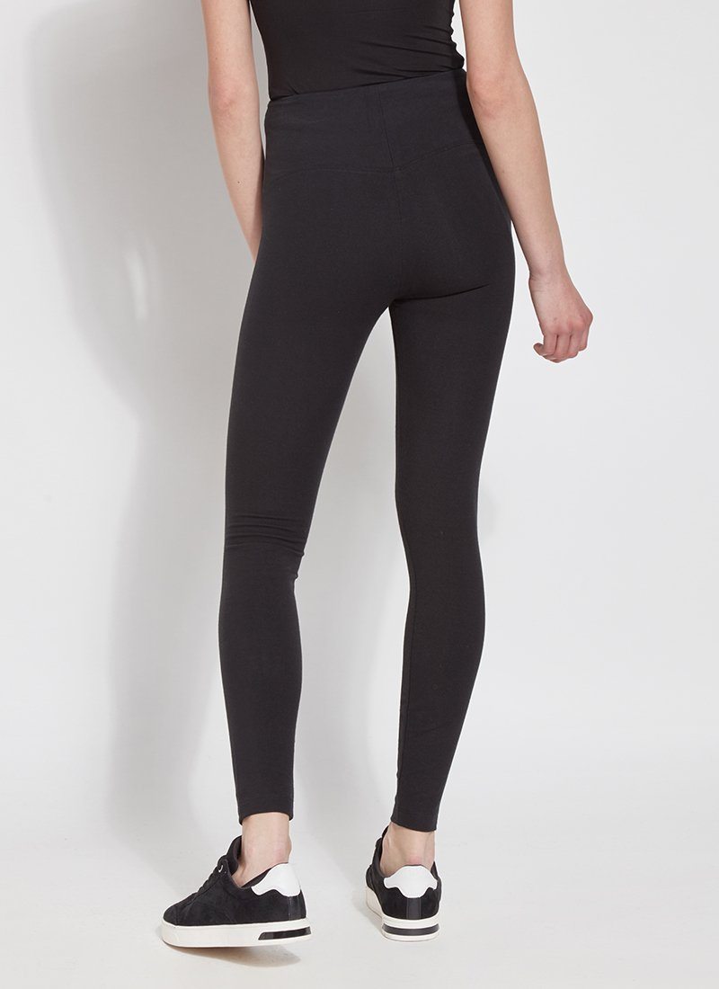 color=Black, back view, stretch cotton leggings, yoga pants, with smoothing comfort waistband and lifting, contouring seaming