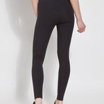 color=Black, back view, stretch cotton leggings, yoga pants, with smoothing comfort waistband and lifting, contouring seaming