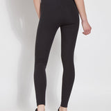 color=Black, back view, stretch cotton leggings, yoga pants, with smoothing comfort waistband and lifting, contouring seaming