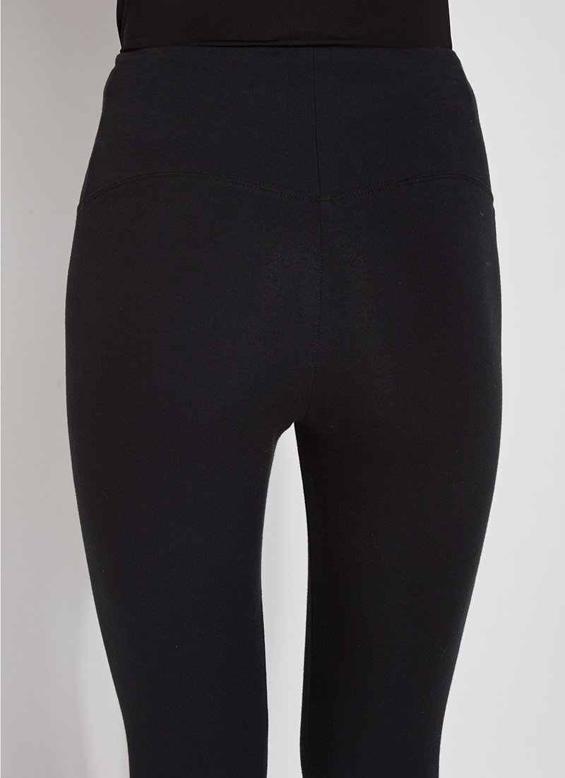 color=Black, back view, stretch cotton leggings, yoga pants, with smoothing comfort waistband and lifting, contouring seaming