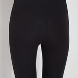 color=Black, back view, stretch cotton leggings, yoga pants, with smoothing comfort waistband and lifting, contouring seaming