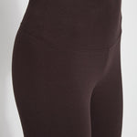color=Double Espresso, side detail, stretch cotton leggings, yoga pants, with smoothing comfort waistband and lifting, contouring seaming