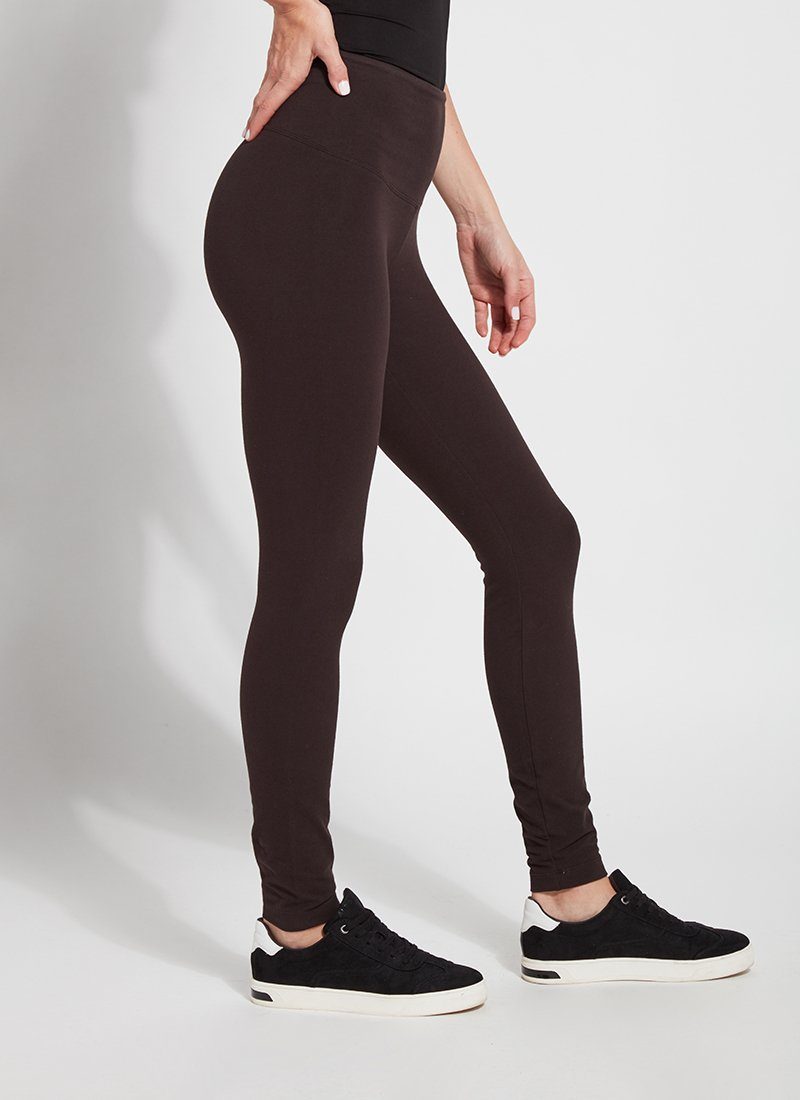 color=Double Espresso, side view, stretch cotton leggings, yoga pants, with smoothing comfort waistband and lifting, contouring seaming
