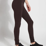 color=Double Espresso, side view, stretch cotton leggings, yoga pants, with smoothing comfort waistband and lifting, contouring seaming