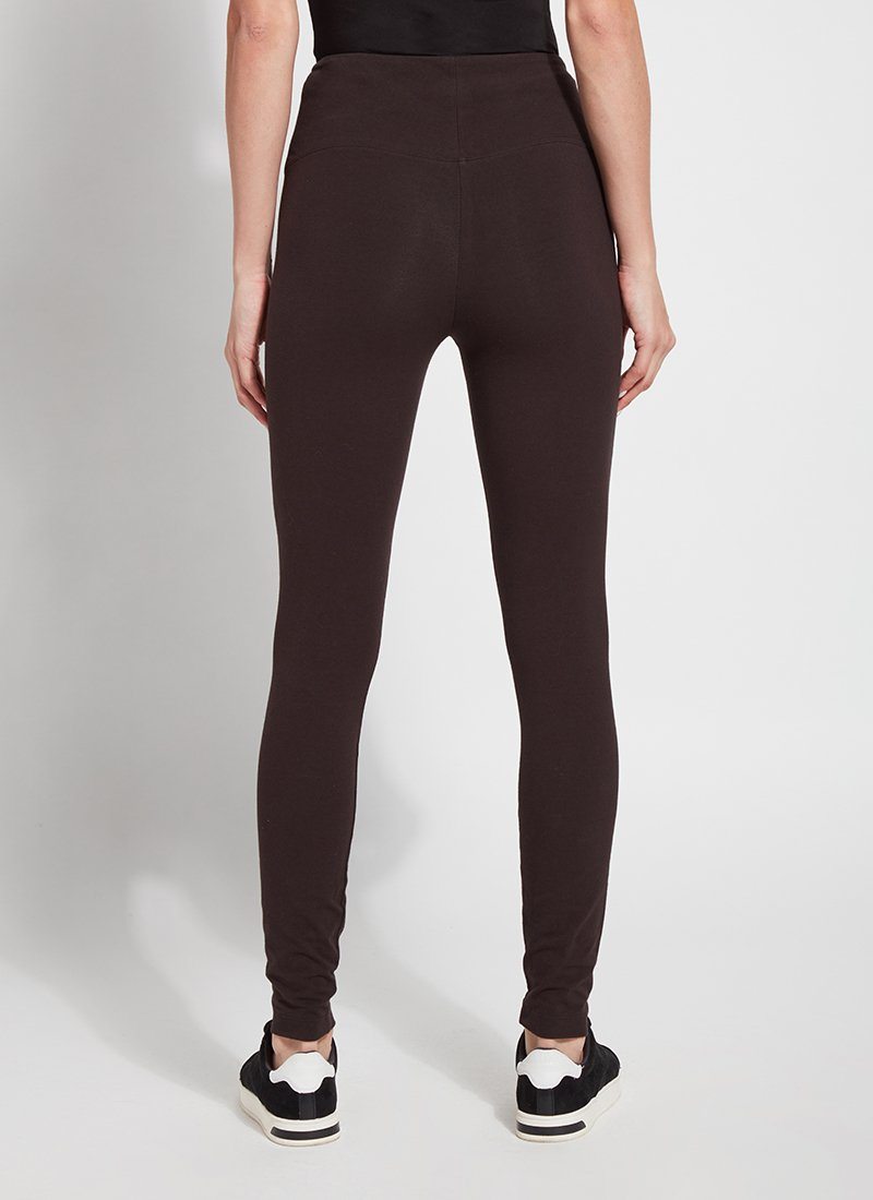 color=Double Espresso, back view, stretch cotton leggings, yoga pants, with smoothing comfort waistband and lifting, contouring seaming