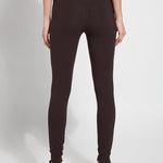 color=Double Espresso, back view, stretch cotton leggings, yoga pants, with smoothing comfort waistband and lifting, contouring seaming