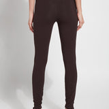 color=Double Espresso, back view, stretch cotton leggings, yoga pants, with smoothing comfort waistband and lifting, contouring seaming