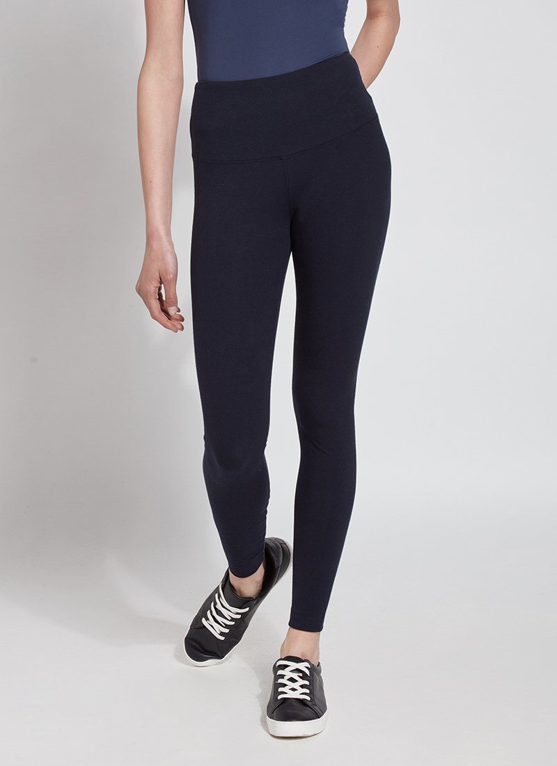 color=Midnight, front view, stretch cotton leggings, yoga pants, with smoothing comfort waistband and lifting, contouring seaming