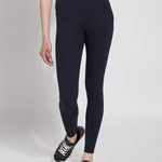 color=Midnight, front view, stretch cotton leggings, yoga pants, with smoothing comfort waistband and lifting, contouring seaming