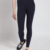 color=Midnight, front view, stretch cotton leggings, yoga pants, with smoothing comfort waistband and lifting, contouring seaming