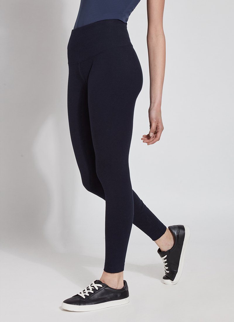 color=Midnight, angled front view, stretch cotton leggings, yoga pants, with smoothing comfort waistband and lifting, contouring seaming