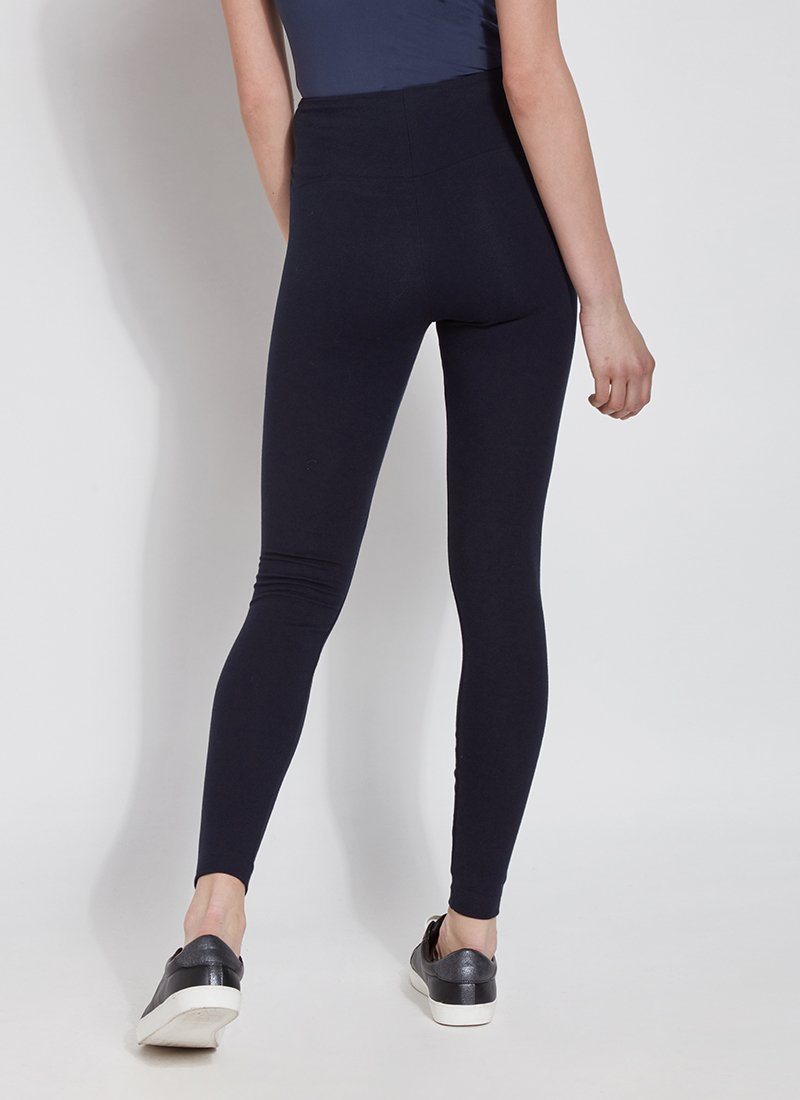 color=Midnight, rear view, stretch cotton leggings, yoga pants, with smoothing comfort waistband and lifting, contouring seaming