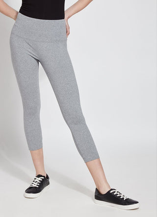 color=Grey Melange, front view, flattering cotton crop leggings, like yoga pants,  with concealed waistband for control and comfort