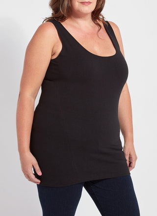 color=Black, angled front view, stretchy spandex cotton, body-slimming tank top, great lysséntial for layering