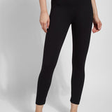 color=Black, front view, leggings with one-piece construction, ankle slits and wide hem, featuring a slimming concealed comfort waistband
