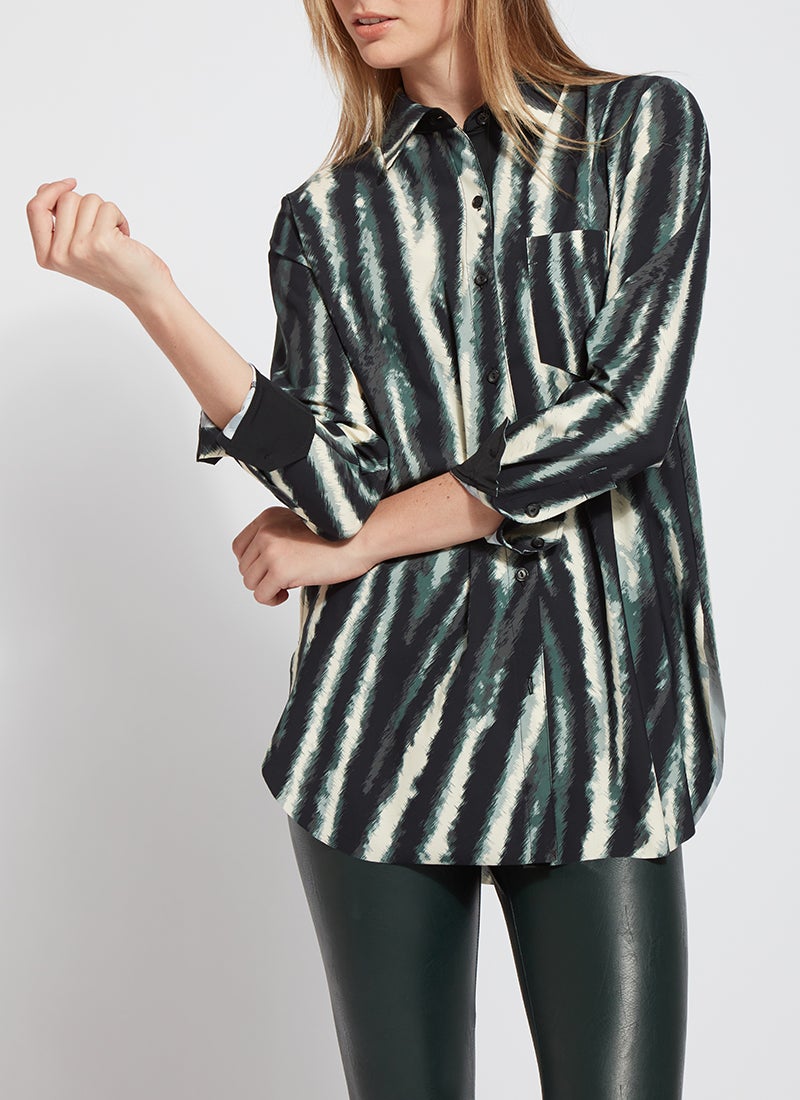color=Snow Tracks, front view, patterned women’s button up with contrast cuff, soft wrinkle resistant microfiber