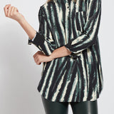 color=Snow Tracks, front view, patterned women’s button up with contrast cuff, soft wrinkle resistant microfiber