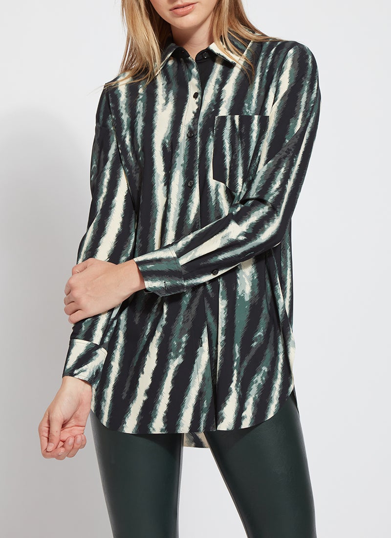 color=Snow Tracks, front view, patterned women’s button up with contrast cuff, soft wrinkle resistant microfiber