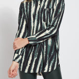 color=Snow Tracks, front view, patterned women’s button up with contrast cuff, soft wrinkle resistant microfiber