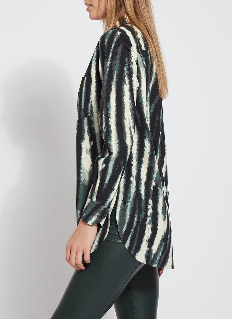 color=Snow Tracks, side view, patterned women’s button up with contrast cuff, soft wrinkle resistant microfiber