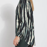 color=Snow Tracks, side view, patterned women’s button up with contrast cuff, soft wrinkle resistant microfiber