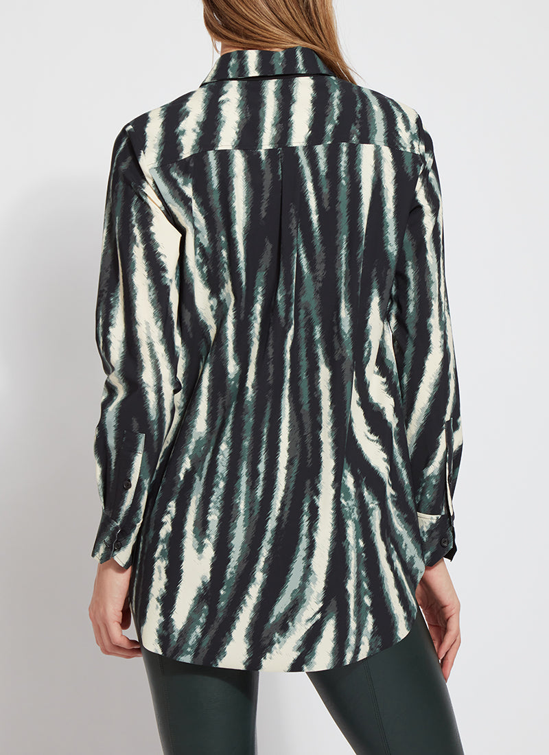 color=Snow Tracks, back view, patterned women’s button up with contrast cuff, soft wrinkle resistant microfiber