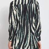 color=Snow Tracks, back view, patterned women’s button up with contrast cuff, soft wrinkle resistant microfiber