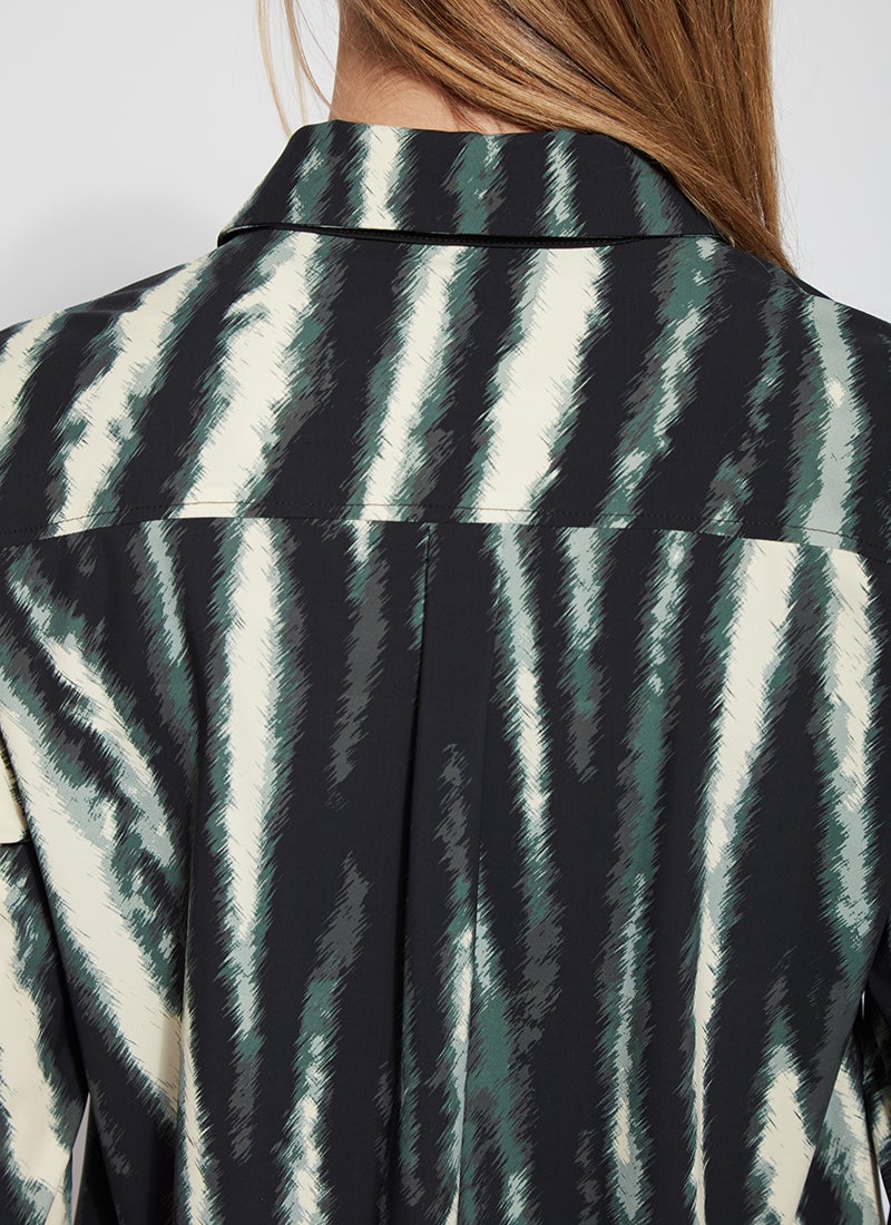 color=Snow Tracks, back neckline, patterned women’s button up with contrast cuff, soft wrinkle resistant microfiber