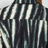 color=Snow Tracks, back neckline, patterned women’s button up with contrast cuff, soft wrinkle resistant microfiber