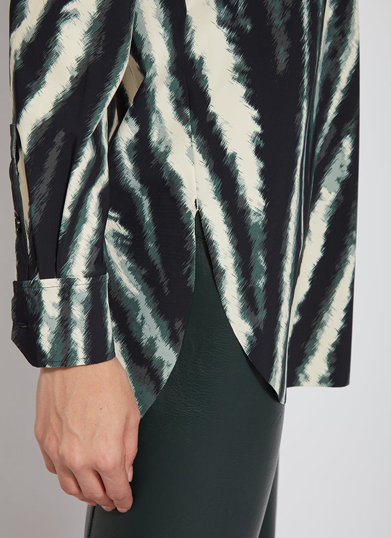 color=Snow Tracks, hem detail, patterned women’s button up with contrast cuff, soft wrinkle resistant microfiber