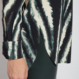 color=Snow Tracks, hem detail, patterned women’s button up with contrast cuff, soft wrinkle resistant microfiber