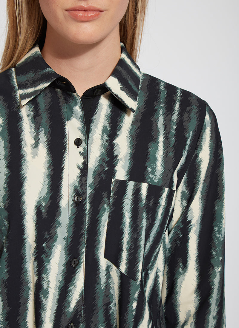 color=Snow Tracks, front neckline, patterned women’s button up with contrast cuff, soft wrinkle resistant microfiber