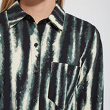 color=Snow Tracks, front neckline, patterned women’s button up with contrast cuff, soft wrinkle resistant microfiber