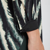 color=Snow Tracks, cuff detail, patterned women’s button up with contrast cuff, soft wrinkle resistant microfiber