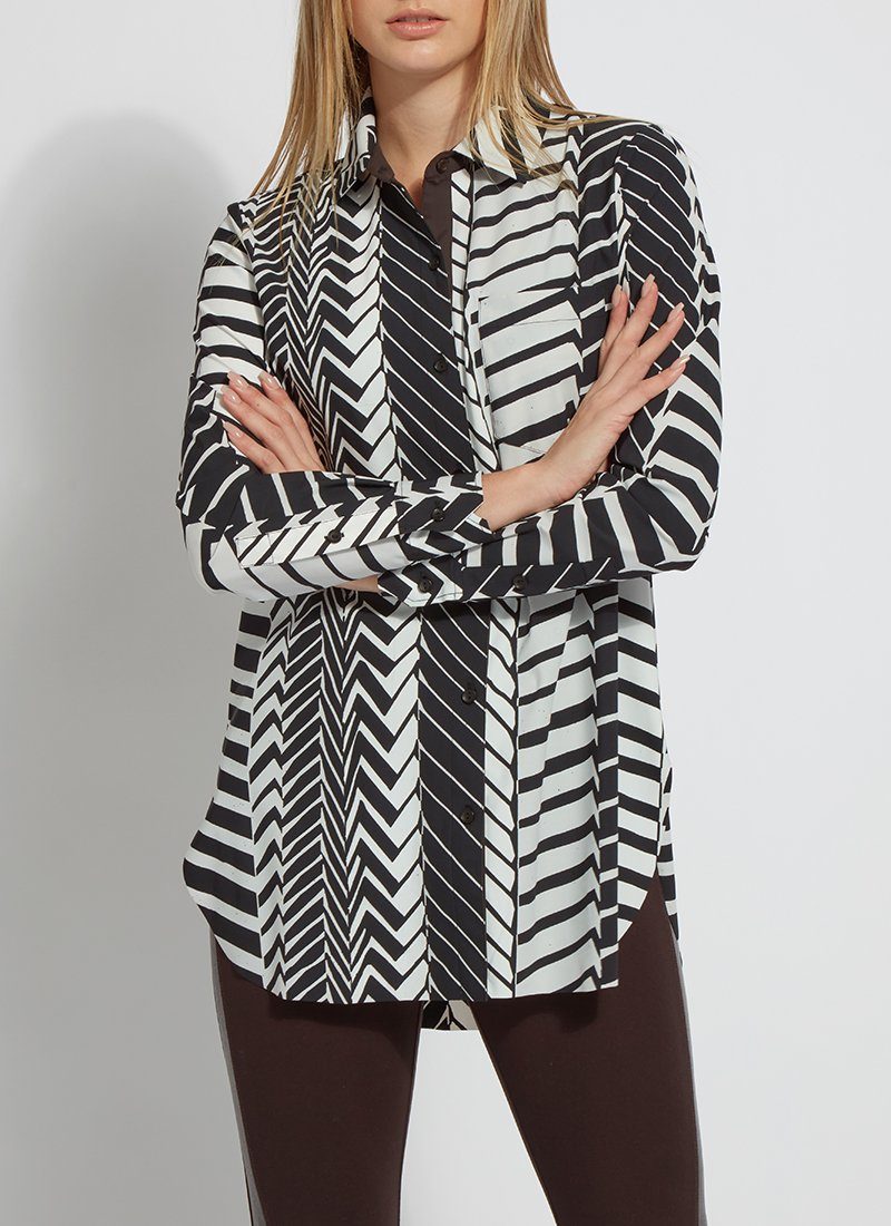 color=Street Crossing, front view, patterned women’s button up with contrast cuff, soft wrinkle resistant microfiber
