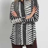 color=Street Crossing, front view, patterned women’s button up with contrast cuff, soft wrinkle resistant microfiber