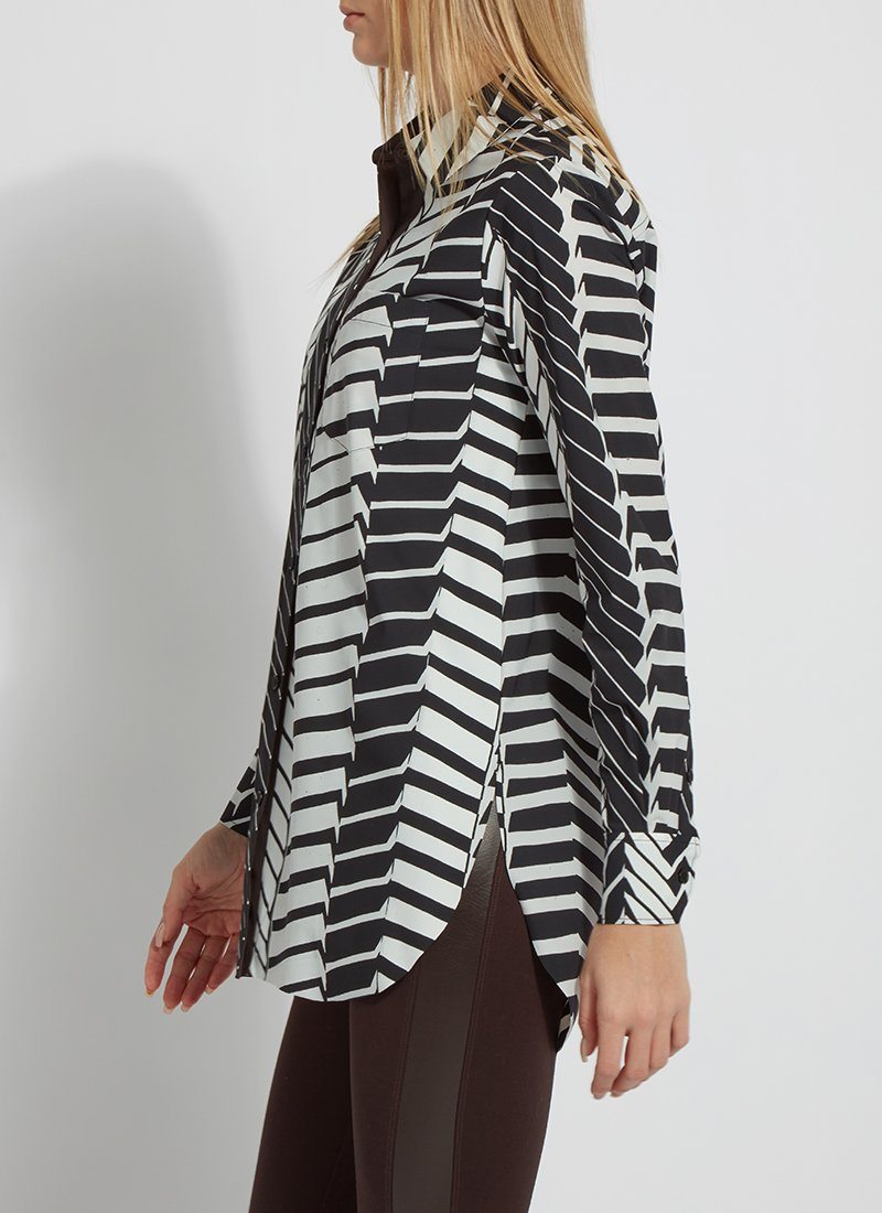 color=Street Crossing, side view, patterned women’s button up with contrast cuff, soft wrinkle resistant microfiber