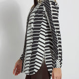 color=Street Crossing, side view, patterned women’s button up with contrast cuff, soft wrinkle resistant microfiber