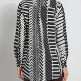 color=Street Crossing, back view, patterned women’s button up with contrast cuff, soft wrinkle resistant microfiber