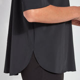 color=Black, hem detail, slim fit women’s short sleeve button up shirt in wrinkle resistant microfiber