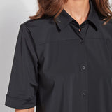 color=Black, front detail, slim fit women’s short sleeve button up shirt in wrinkle resistant microfiber