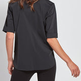 color=Black, back view, slim fit women’s short sleeve button up shirt in wrinkle resistant microfiber