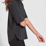 color=Black, side view, slim fit women’s short sleeve button up shirt in wrinkle resistant microfiber
