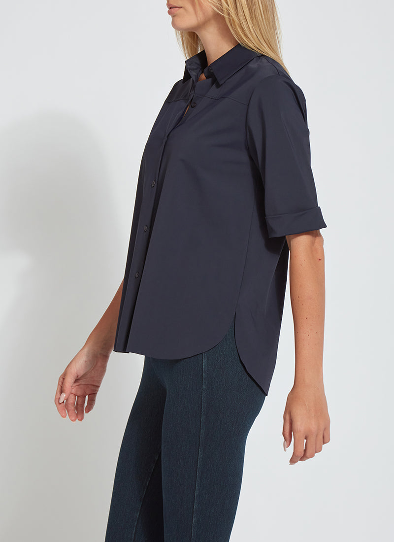 color=True Navy, side view, slim fit women’s short sleeve button up shirt in wrinkle resistant microfiber