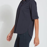 color=True Navy, side view, slim fit women’s short sleeve button up shirt in wrinkle resistant microfiber